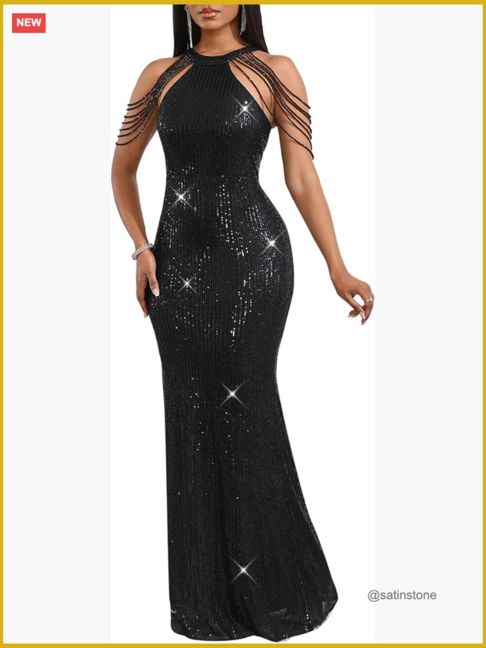 Sequin Tassel Off Shoulder Halter Bodycon Maxi Dress Party Evening Gown